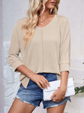 Textured Round Neck Three-Quarter Sleeve Blouse - Trendsi - Flyclothing LLC