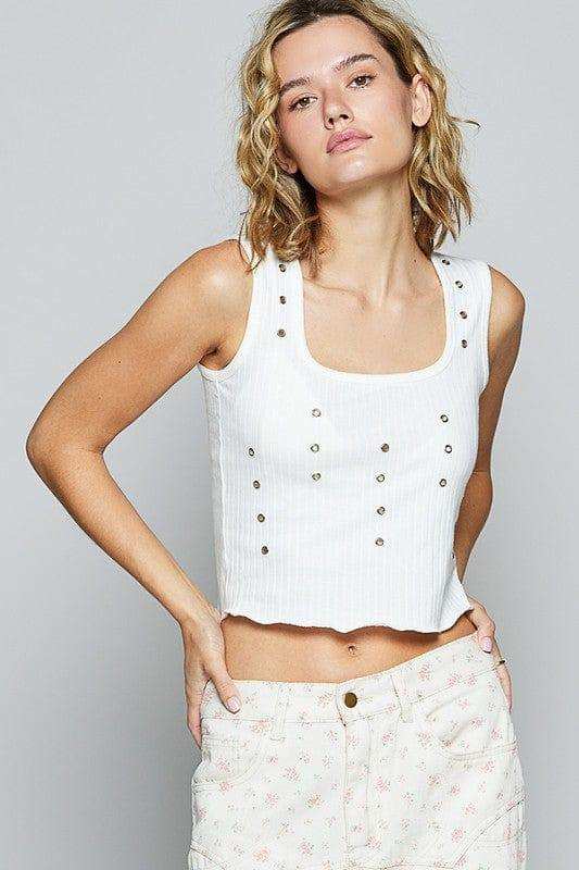 POL Eyelet Stud Detail Scoop Neck Cropped Tank - Trendsi - Flyclothing LLC