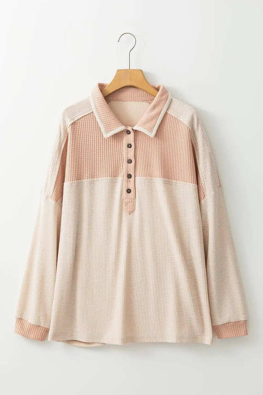 Waffle-Knit Color Block Half Button Long Sleeve Top - Trendsi - Flyclothing LLC
