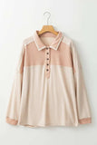 Waffle-Knit Color Block Half Button Long Sleeve Top - Trendsi - Flyclothing LLC