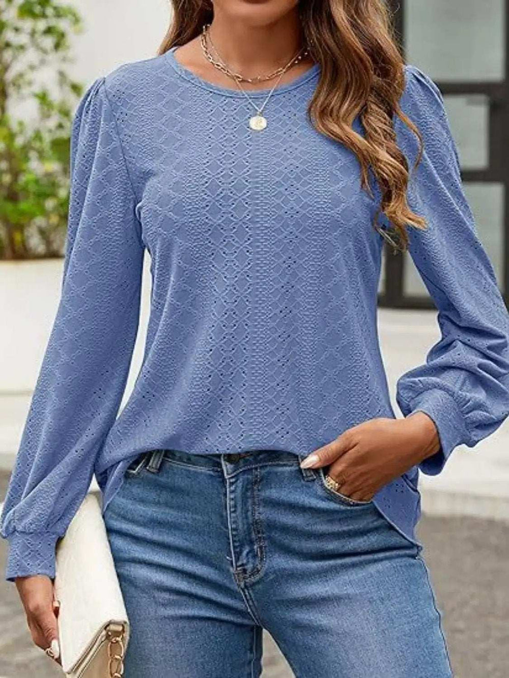 Eyelet Round Neck Long Sleeve Top - Trendsi - Flyclothing LLC