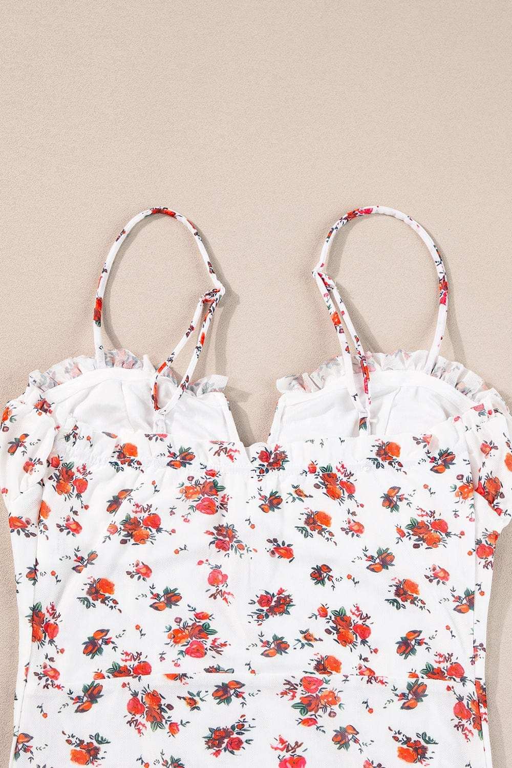 Floral Frilled Trim Spaghetti Straps Bodysuit - Trendsi - Flyclothing LLC