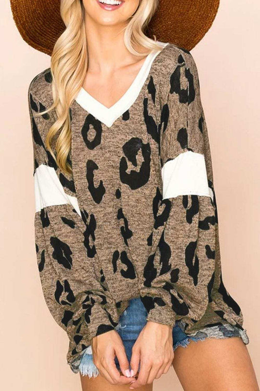 Leopard V-Neck Long Sleeve Blouse - Trendsi - Flyclothing LLC