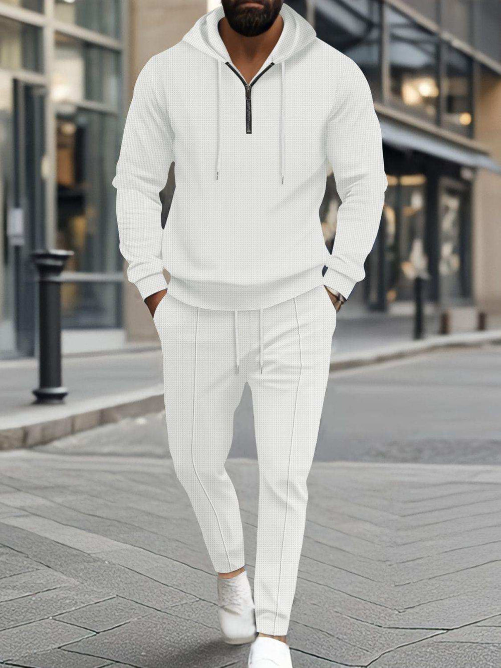 Men's Full Size Waffle-Knit Half Zipper Hoodie and Pants Set Plus Size - Trendsi - Flyclothing LLC