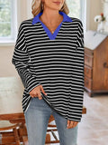 Striped Johnny Collar Long Sleeve T-Shirt - Trendsi - Flyclothing LLC