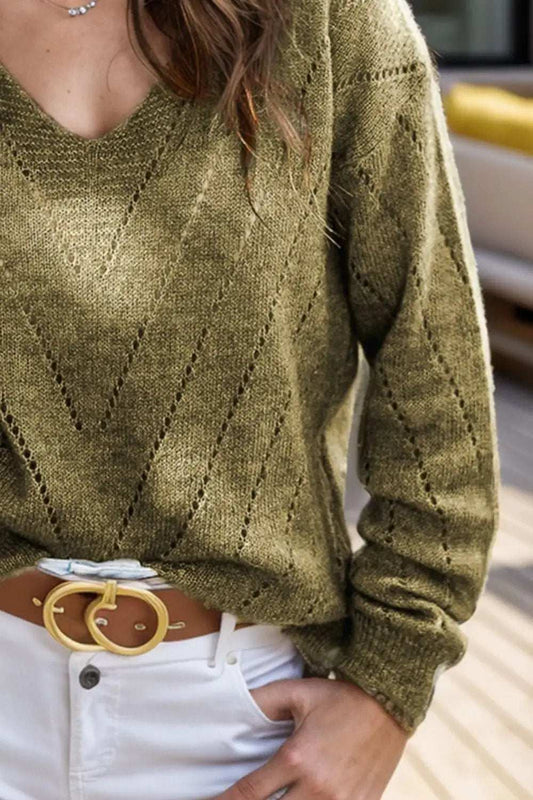 Openwork V-Neck Long Sleeve Sweater - Trendsi - Flyclothing LLC