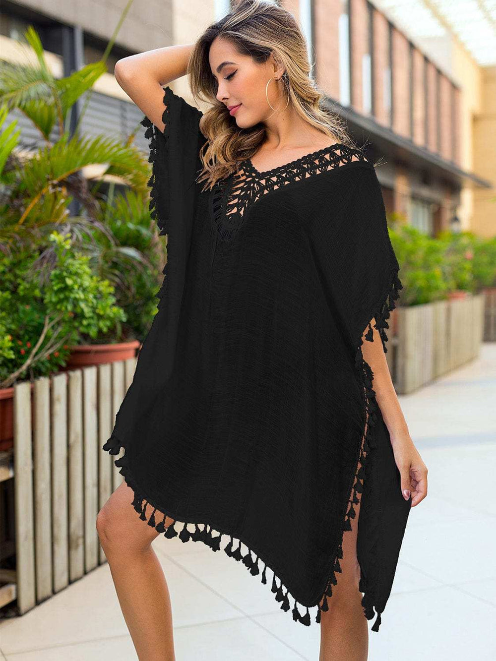 Tassel Cutout Half Sleeve Cover-Up - Trendsi - Flyclothing LLC
