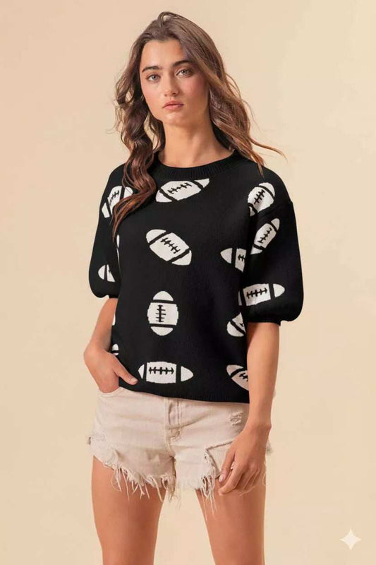 BiBi Football Pattern Short Sleeve Sweater - Trendsi - Flyclothing LLC