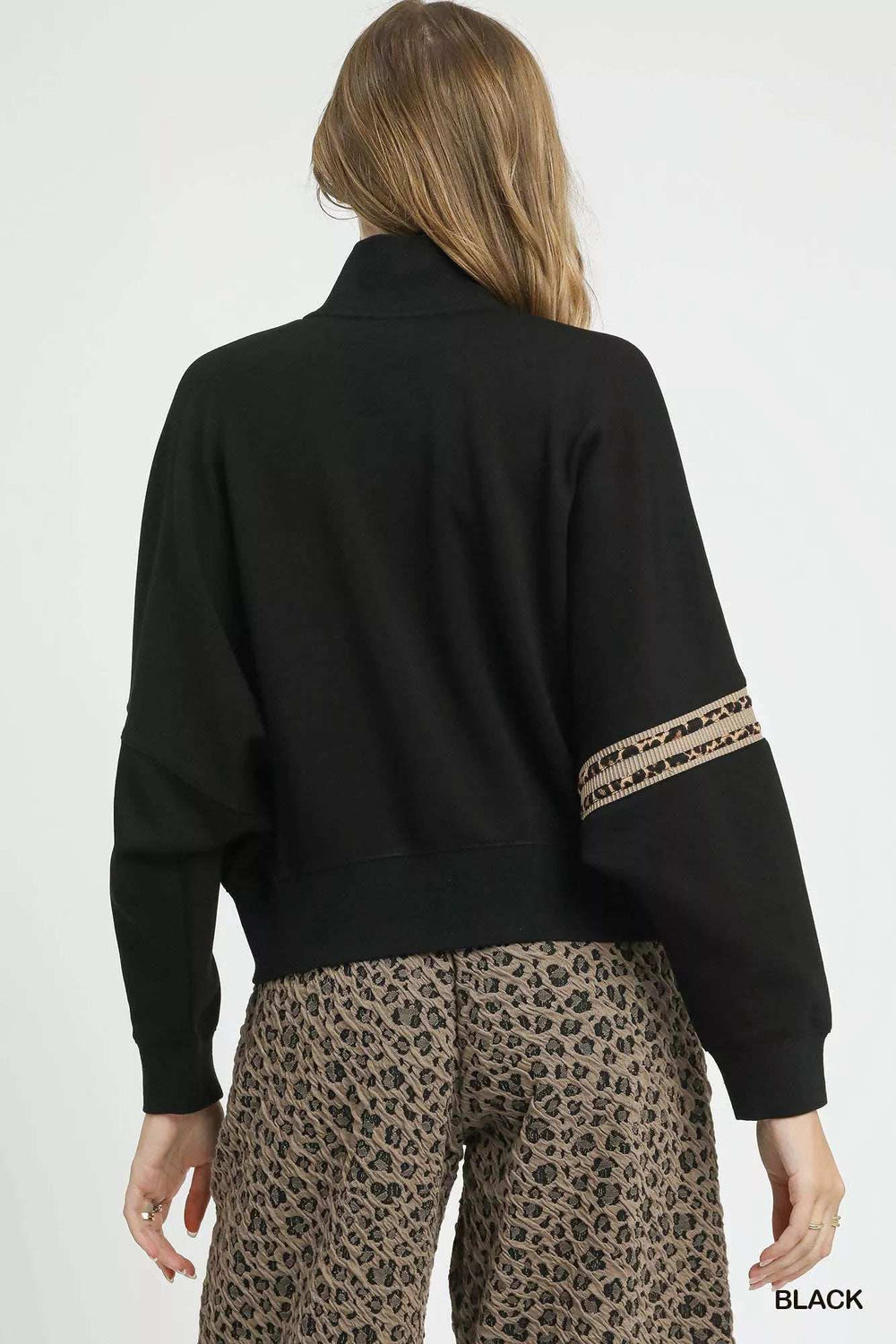 Umgee Zipper Up Cropped Jacket with Leopard Trim - Trendsi - Flyclothing LLC