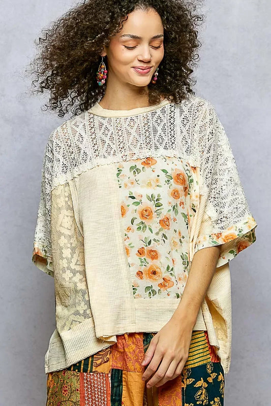 POL Floral Patchwork Lace Accent Blouse - Trendsi - Flyclothing LLC