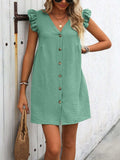 Button Up V-Neck Cap Sleeve Mini Dress - Trendsi - Flyclothing LLC