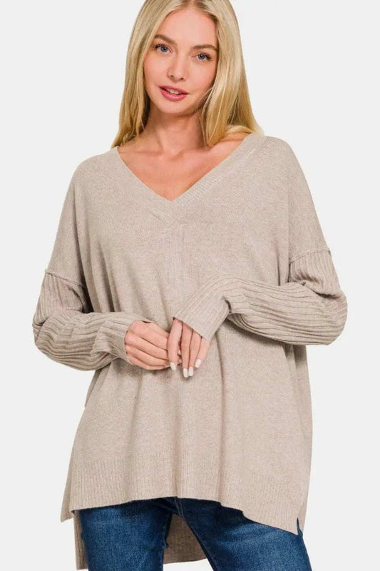 Zenana V-Neck Side Slit High-Low Sweater - Trendsi - Flyclothing LLC