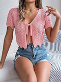 Tied Openwork Short Sleeve Cardigan - Trendsi - Flyclothing LLC