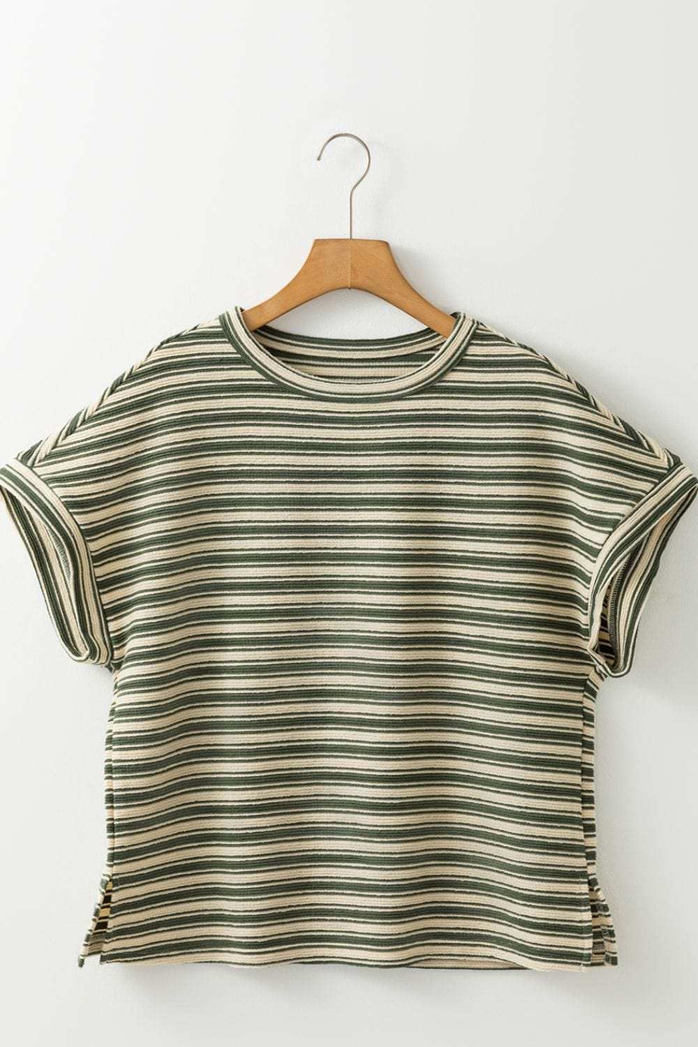 Stripe Textured Side Slit Crew Neck T-Shirt - Trendsi - Flyclothing LLC