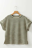 Stripe Textured Side Slit Crew Neck T-Shirt - Trendsi - Flyclothing LLC