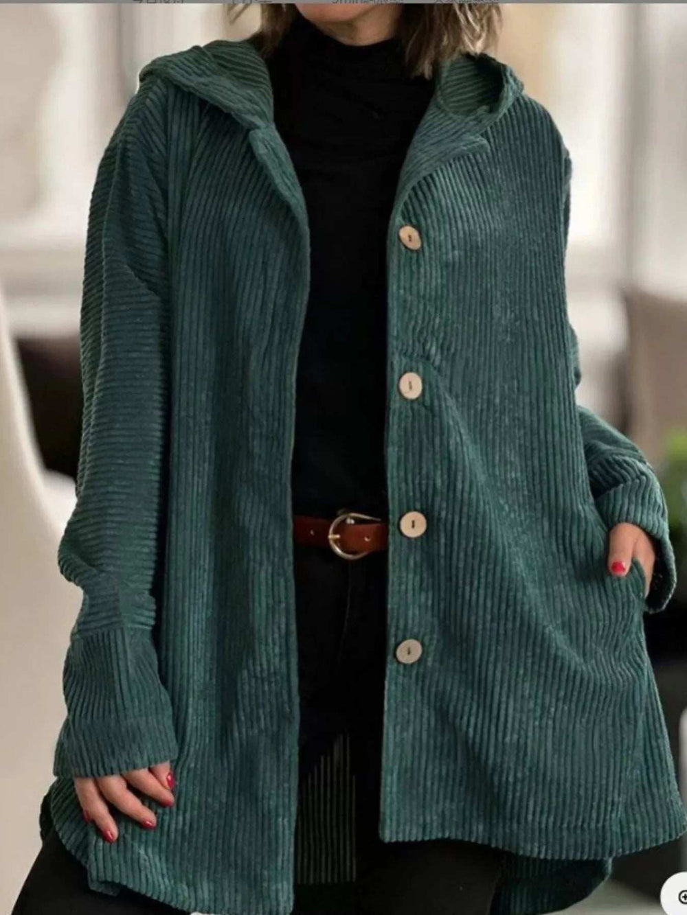 Full Size Corduroy Hooded Button-Up Jacket Plus Size - Trendsi - Flyclothing LLC