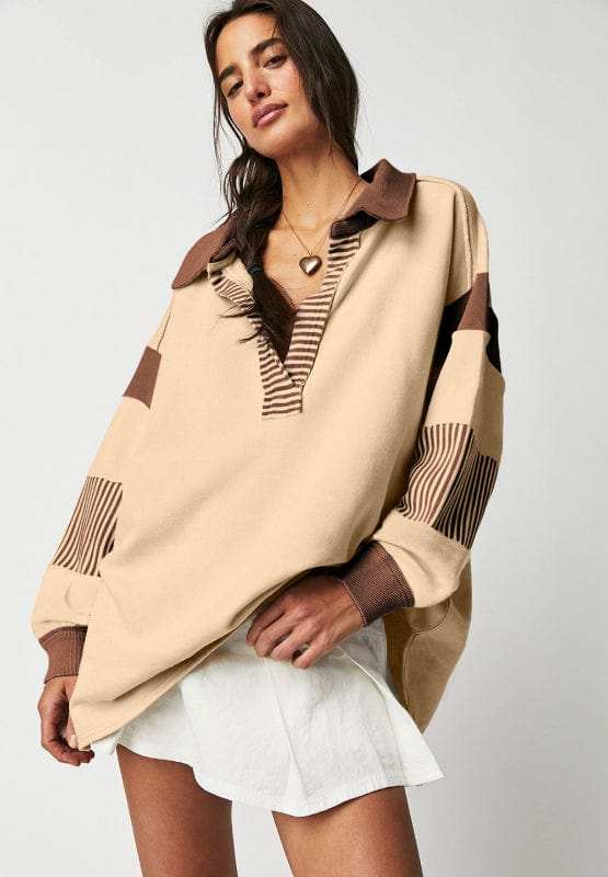 Color Block Johnny Collar Long Sleeve Sweatshirt - Trendsi - Flyclothing LLC