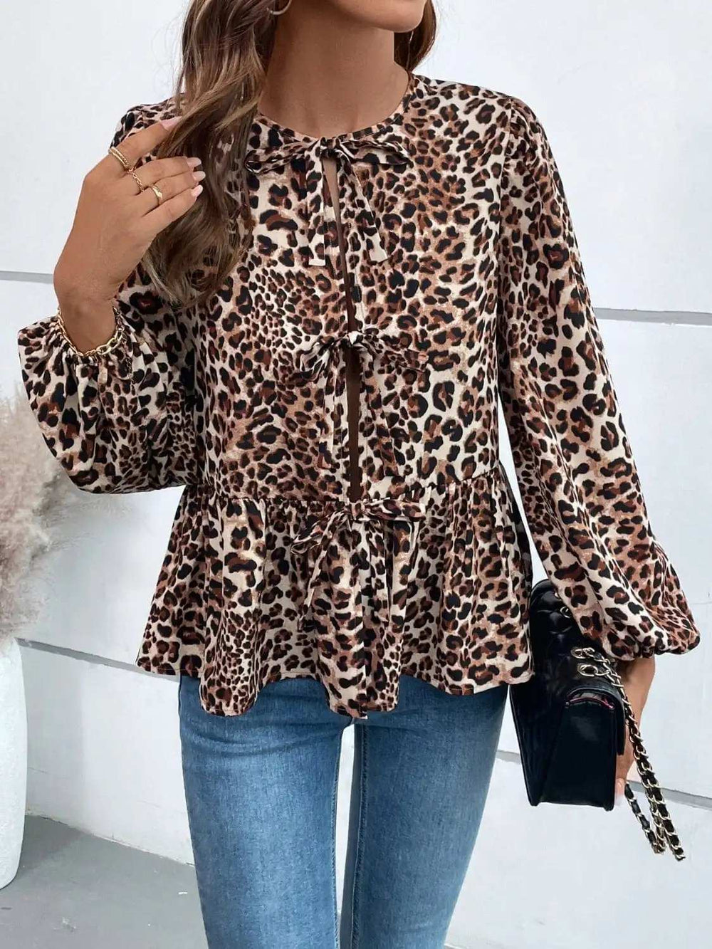 Ivy Lane Peplum Tied Long Sleeve Blouse - Trendsi - Flyclothing LLC