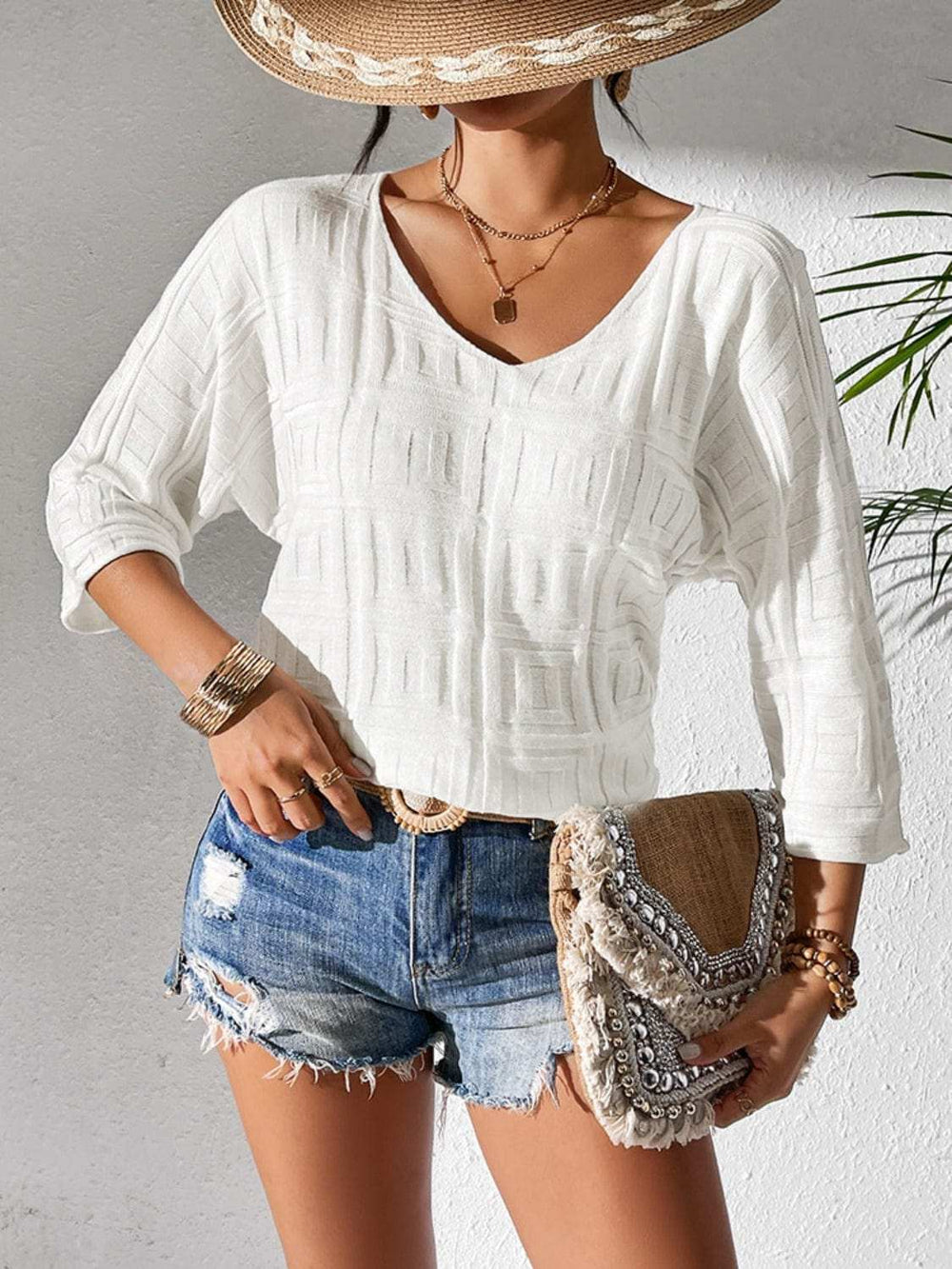V-Neck Three-Quarter Sleeve Knit Top - Trendsi - Flyclothing LLC