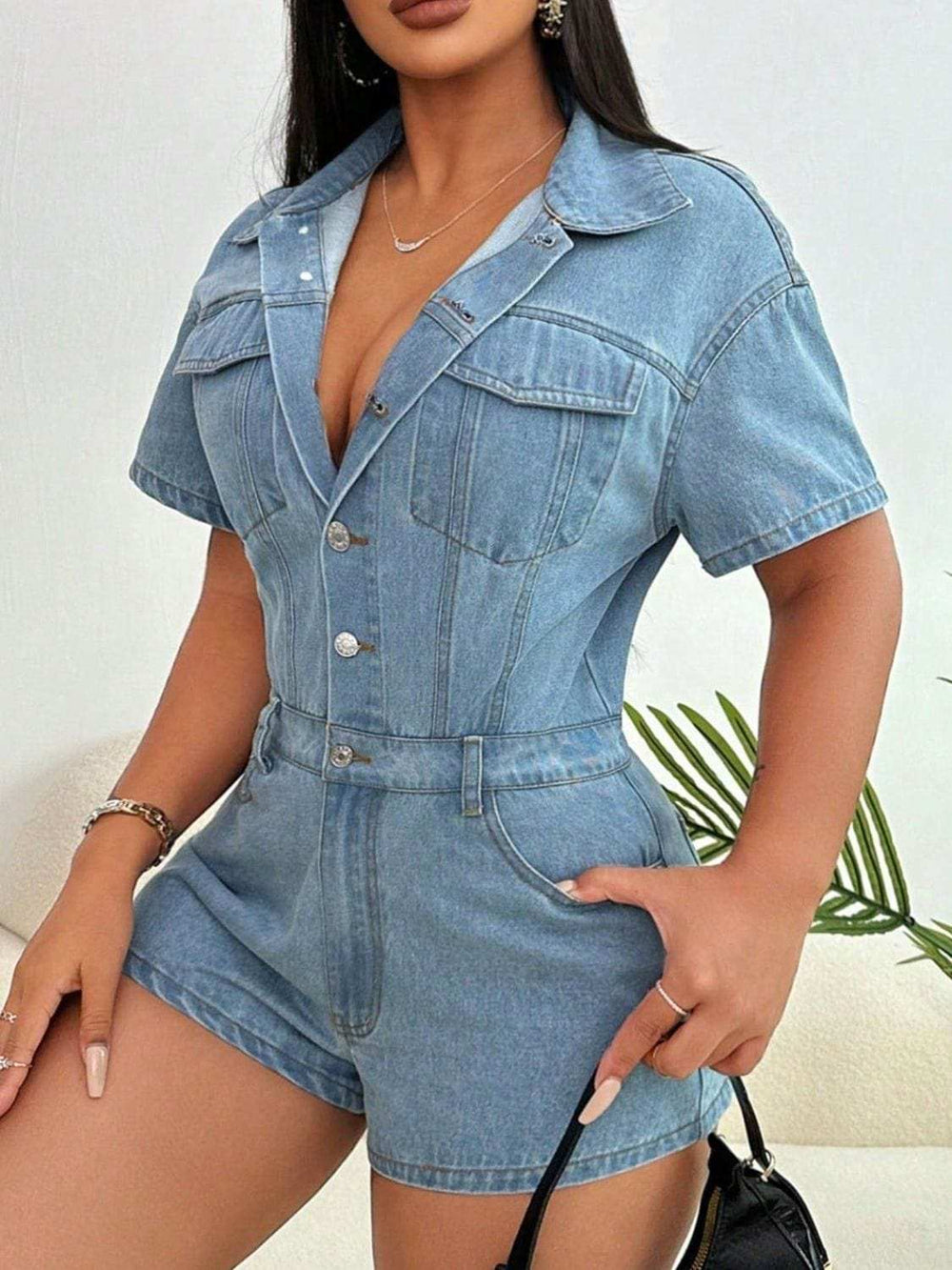 Collared Neck Short Sleeve Denim Romper - Trendsi - Flyclothing LLC