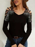 Rhinestone Cutout Long Sleeve T-Shirt - Trendsi - Flyclothing LLC