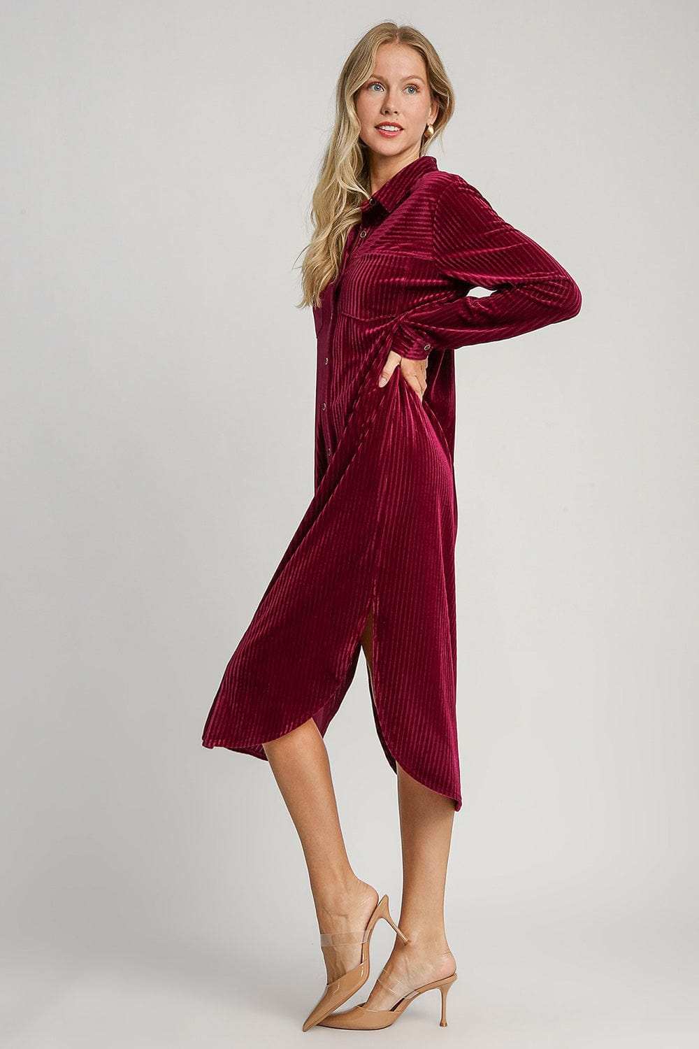 Umgee Texture Curved Hem Button Down Shirt Dress - Trendsi - Flyclothing LLC