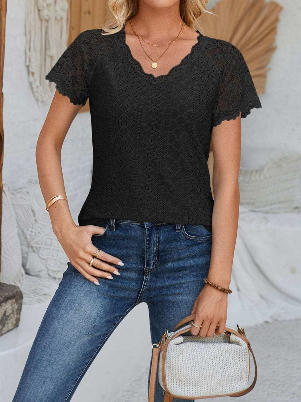 Eyelet Lace Detail V-Neck Short Sleeve Top - Trendsi - Flyclothing LLC
