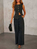 Button Down Vest and Wide Leg Jeans Denim Set - Trendsi - Flyclothing LLC