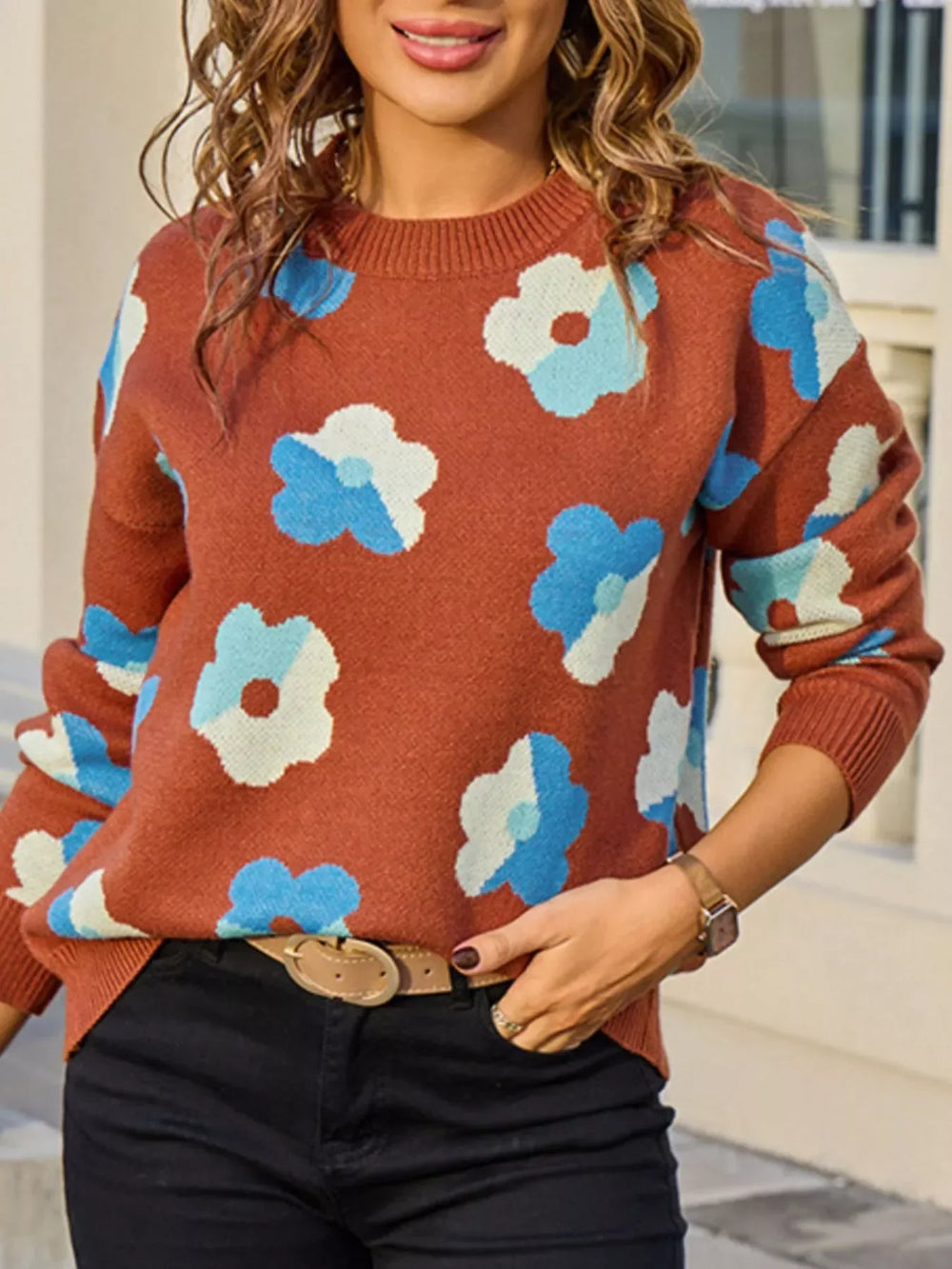 Floral Crew Neck Long Sleeve Sweater - Trendsi - Flyclothing LLC