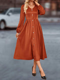 V-Neck Balloon Sleeve Midi Dress - Trendsi - Flyclothing LLC