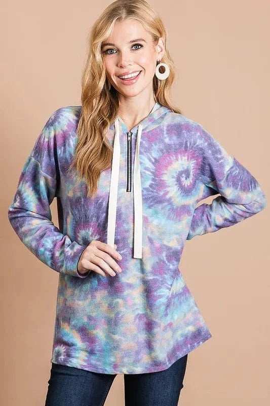 BiBi Brushed Circular Tie Dye Print Terry Hoodie - Trendsi - Flyclothing LLC