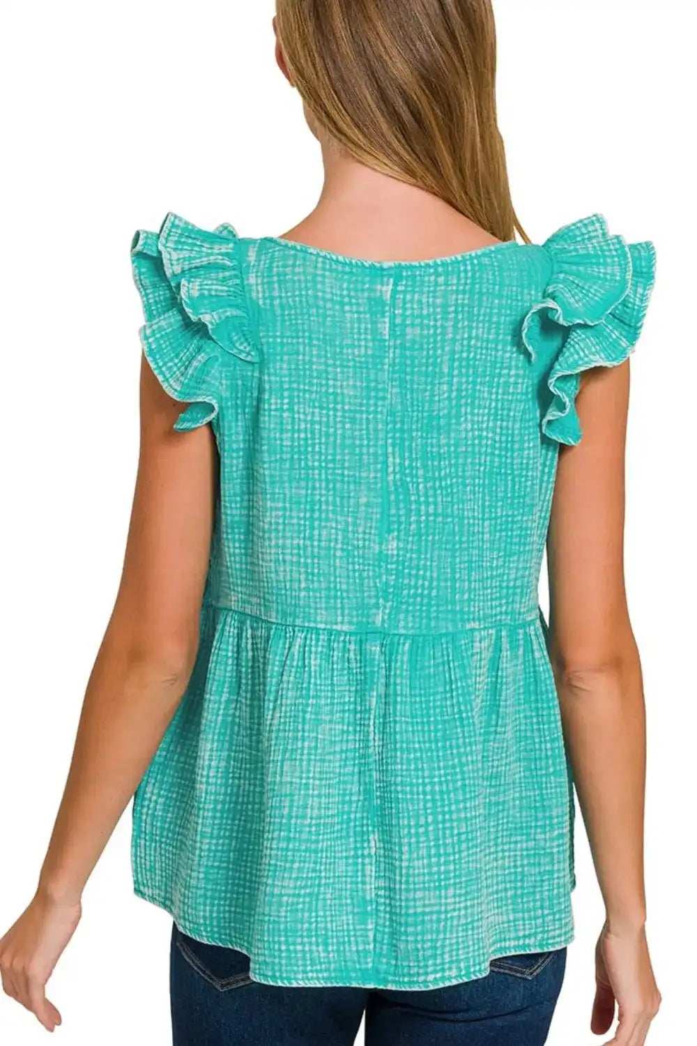 Zenana Double Gauze Acid Washed Tiered Ruffle Peplum Top - Trendsi - Flyclothing LLC