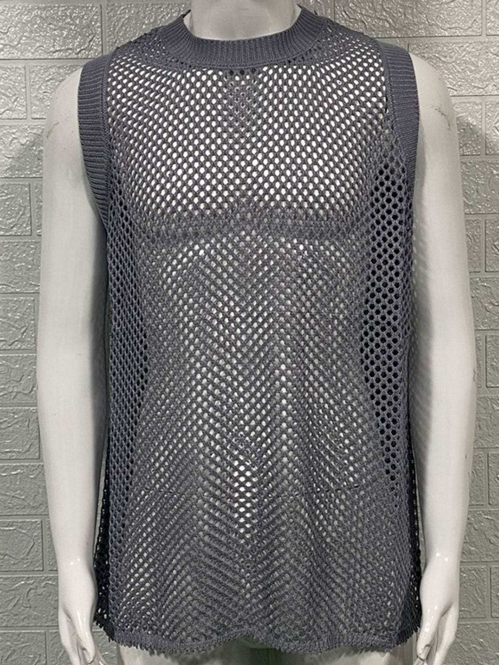 Men's Round Neck Hollow Out Sleeveless Knit Top - Trendsi - Flyclothing LLC