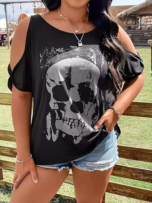 Plus Size Skeleton Graphic Round Neck Cold Shoulder T-Shirt - Trendsi - Flyclothing LLC