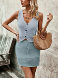 Button Up Sleeveless Top and Drawstring Skirt Set - Trendsi - Flyclothing LLC