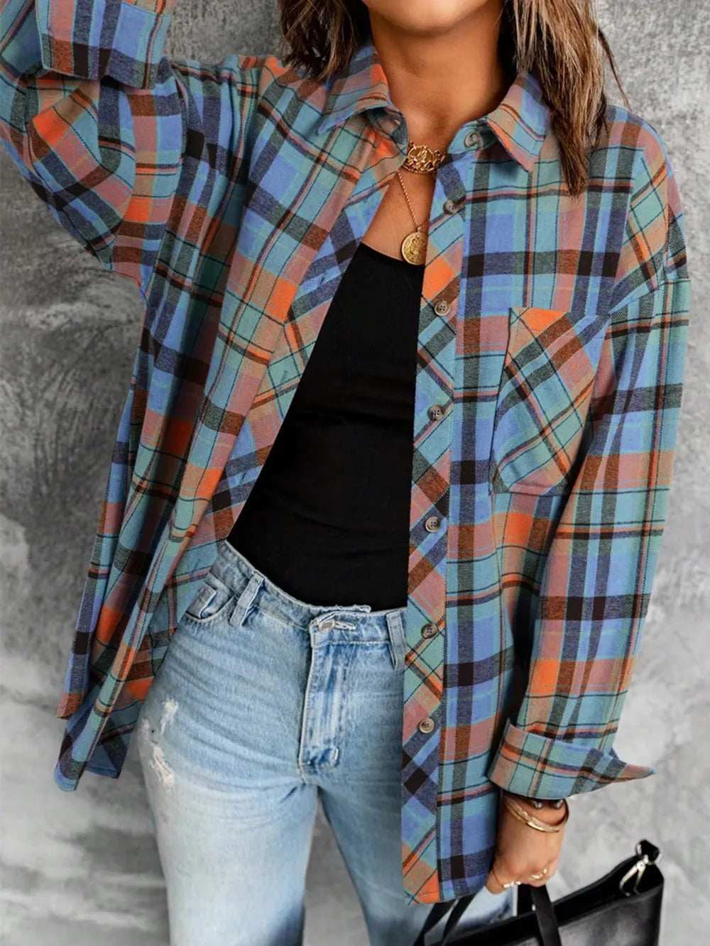Plaid Collared Neck Long Sleeve Shirt - Trendsi - Flyclothing LLC