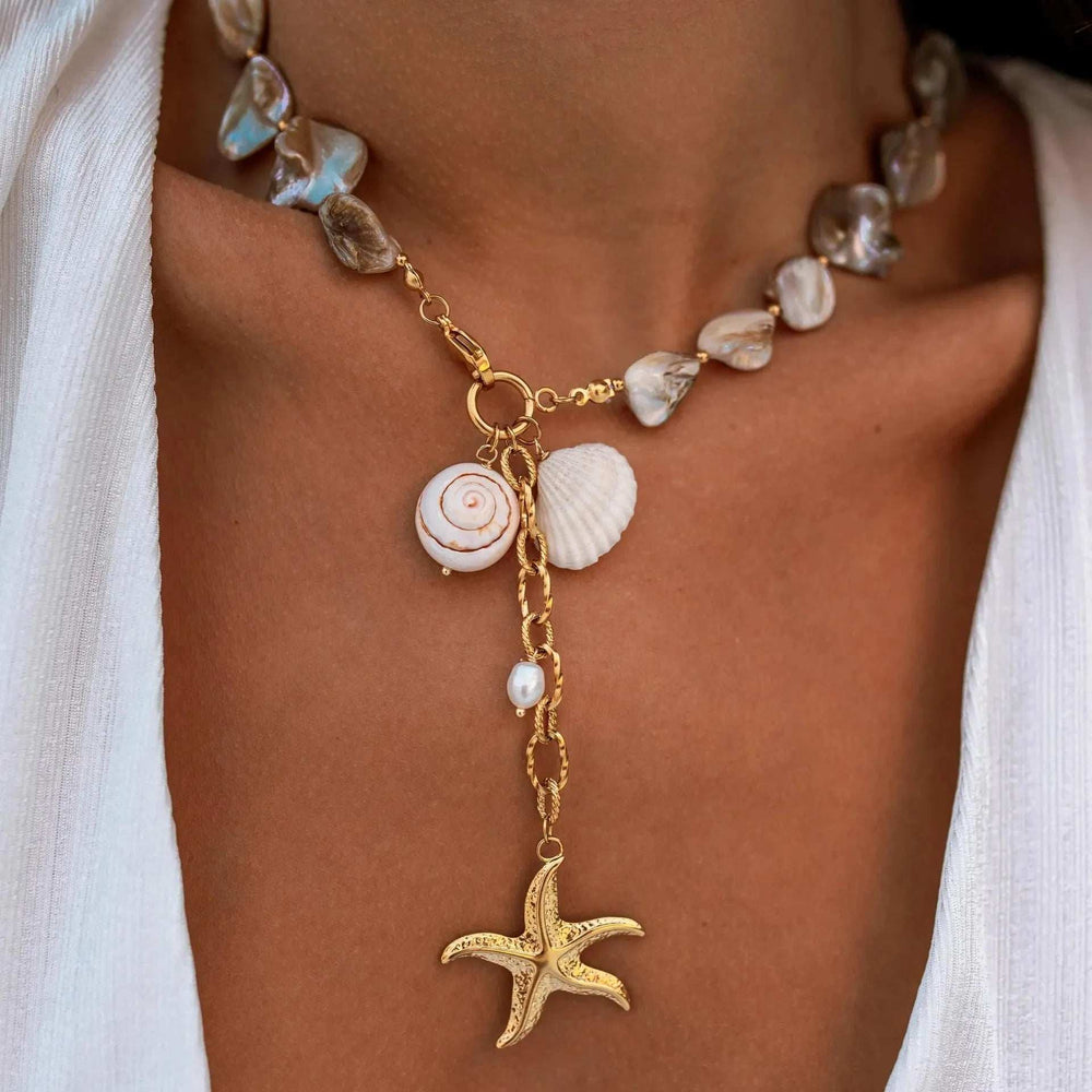 18K Gold-Plated Ocean Theme Necklace with Starfish Pendant - Trendsi - Flyclothing LLC