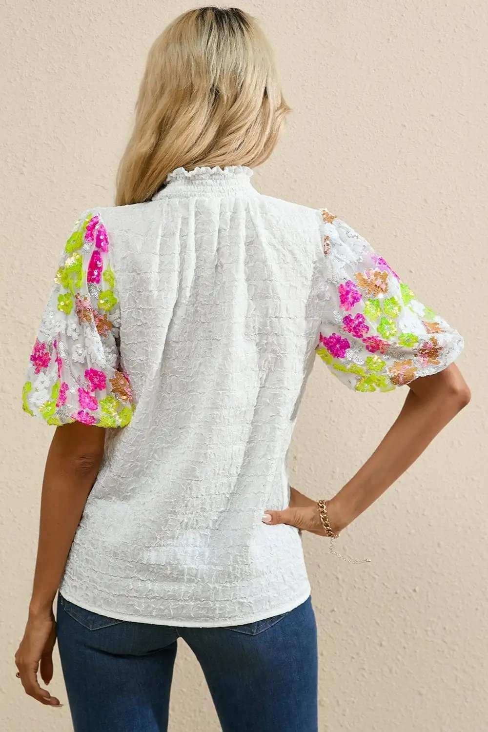 Sequin Flower Mock Neck Half Sleeve Blouse - Trendsi - Flyclothing LLC