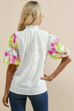 Sequin Flower Mock Neck Half Sleeve Blouse - Trendsi - Flyclothing LLC