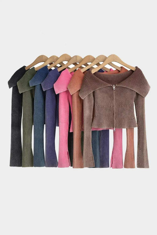 Double Take Ribbed Off-Shoulder Zip Up Long Sleeve Cardigan - Trendsi - Flyclothing LLC