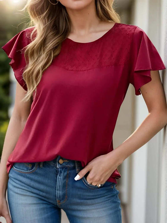 Full Size Ruffled Round Neck Short Sleeve Blouse - Trendsi - Flyclothing LLC