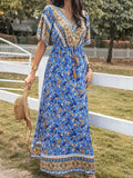 Slit Printed V-Neck Half Sleeve Maxi Dress - Trendsi - Flyclothing LLC