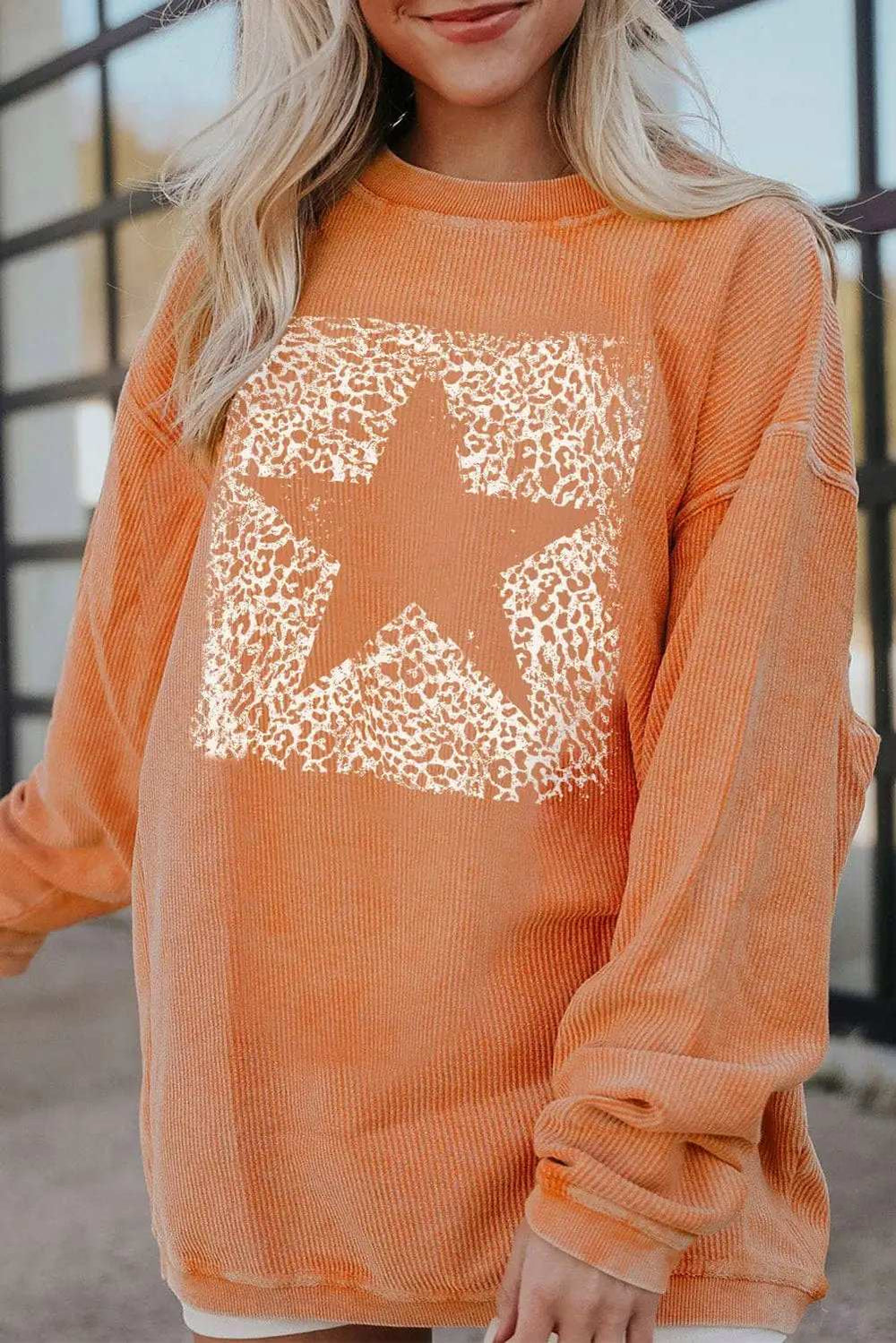 Star Round Neck Long Sleeve Oversize Sweatshirt - Trendsi - Flyclothing LLC