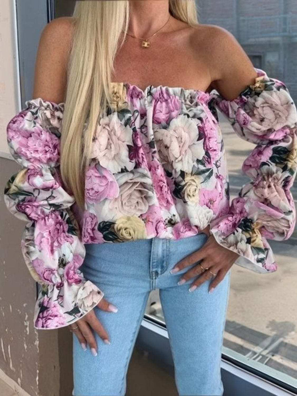 Printed Off-Shoulder Flounce Sleeve Blouse - Trendsi - Flyclothing LLC