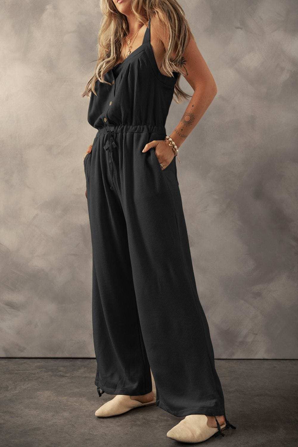 Knotted Straps Button Textured Drawstring Jumpsuit - Trendsi - Flyclothing LLC