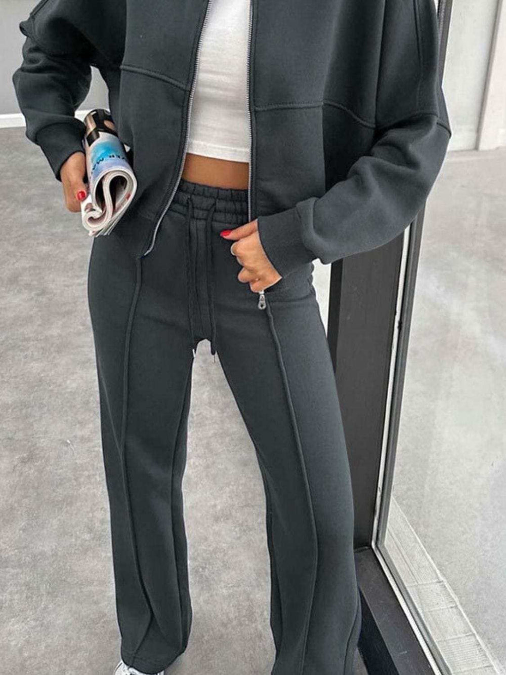 Baseball Collar Zip Up Outerwear and Drawstring Pants Set - Trendsi - Flyclothing LLC