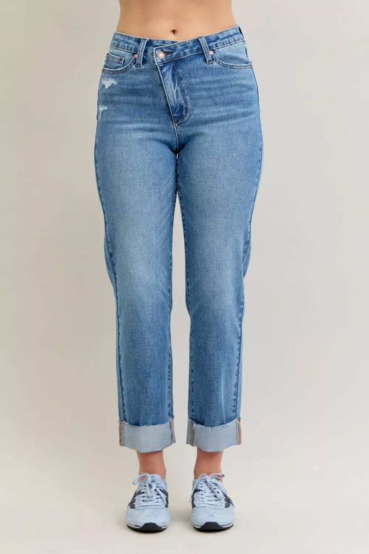 Judy Blue High Waist Bf Criss-cross Mild Destroy Jeans with Single Cuff - Trendsi - Flyclothing LLC