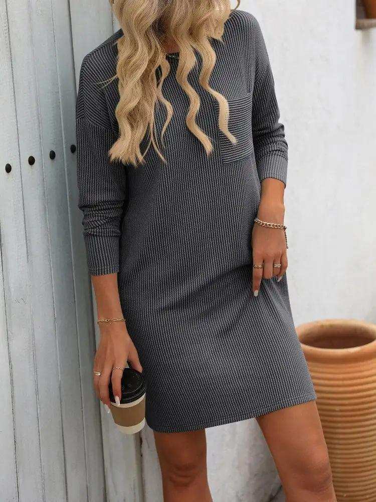 Striped Round Neck Long Sleeve Mini Dress - Trendsi - Flyclothing LLC
