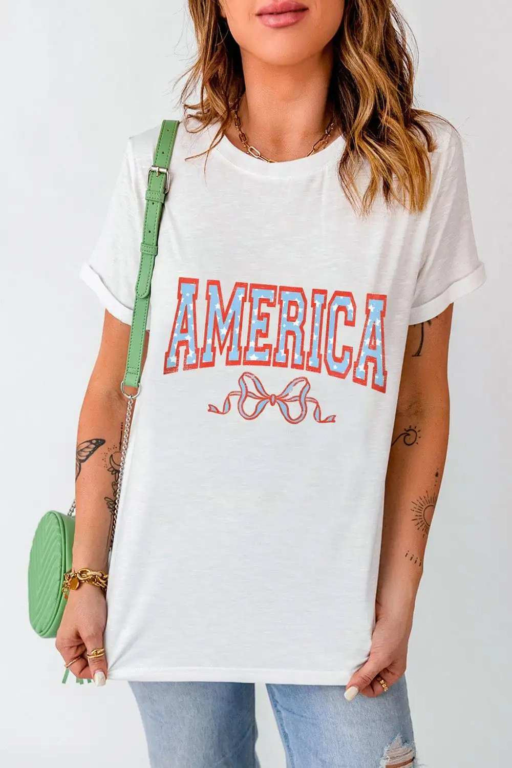 AMERICA Round Neck Short Sleeve T-Shirt - Trendsi - Flyclothing LLC