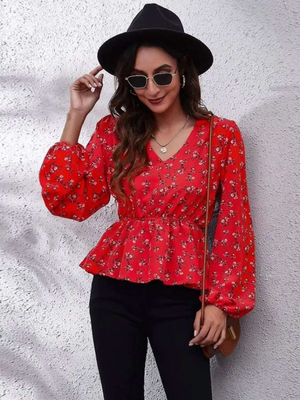 Ruched Printed V-Neck Long Sleeve Blouse - Trendsi - Flyclothing LLC